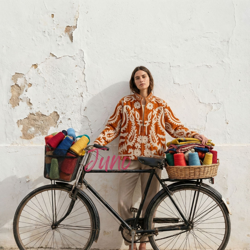 Person standing next to a bicycle with yarn baskets against a textured white wall.